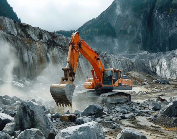 an excavator is seen working on rocks and sand near a mountain, in the style of dark orange and light gray, industrial chic, photo taken with provia, exaggerated poses, representational, iso 200, havencore --ar 128:81 --v 6 Job ID: e64c83eb-9c17-4acb-b70b-8c14b131552d